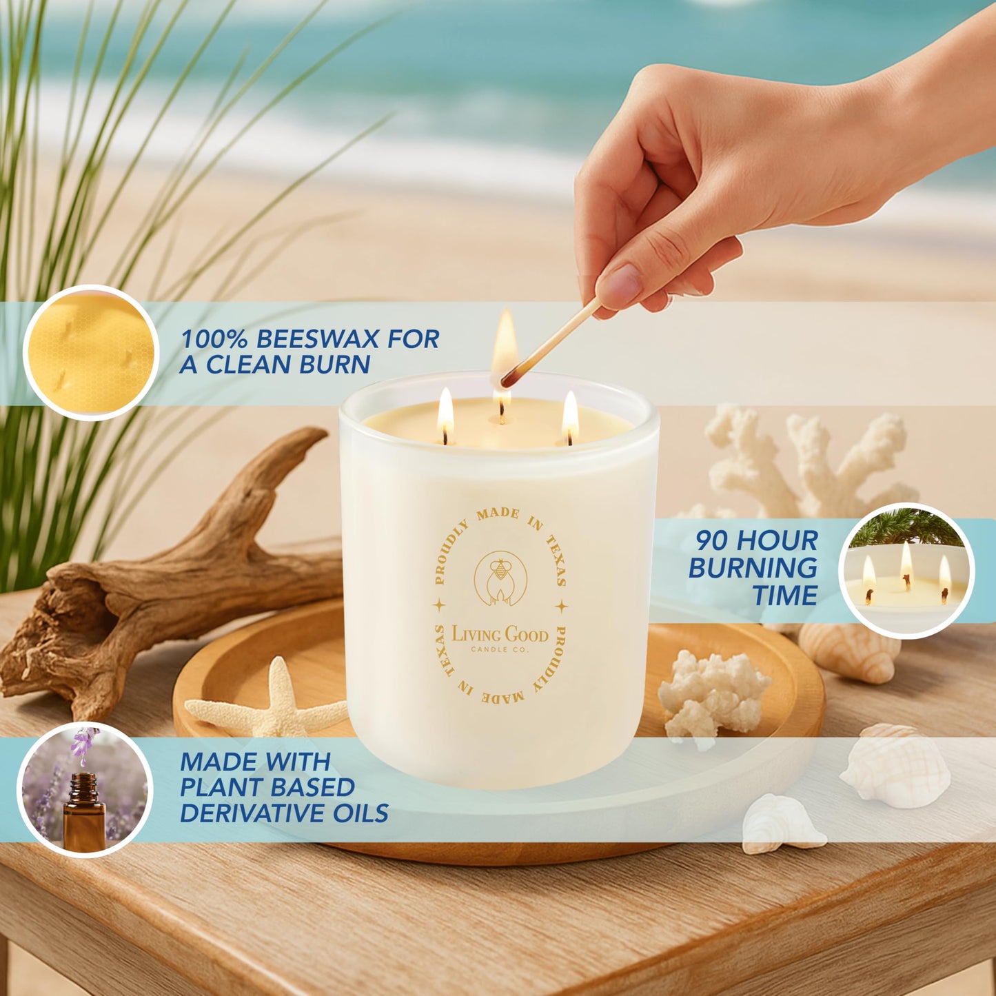 Coastal Breeze - Yuzu & Sea Salt Pure Beeswax Candle – 90+ Hours Long Burning Classically Designed Non-Toxic Scented Candles for Home Decor with Natural Fragrance 15 oz