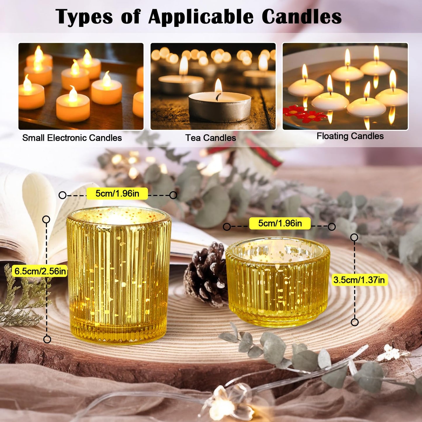 IMAGE Votive Gold Candle Holders, Elegant Glass Tea Light Holder for Weddings, Diwali, Home Decor, Shower, Party & Gift (12)