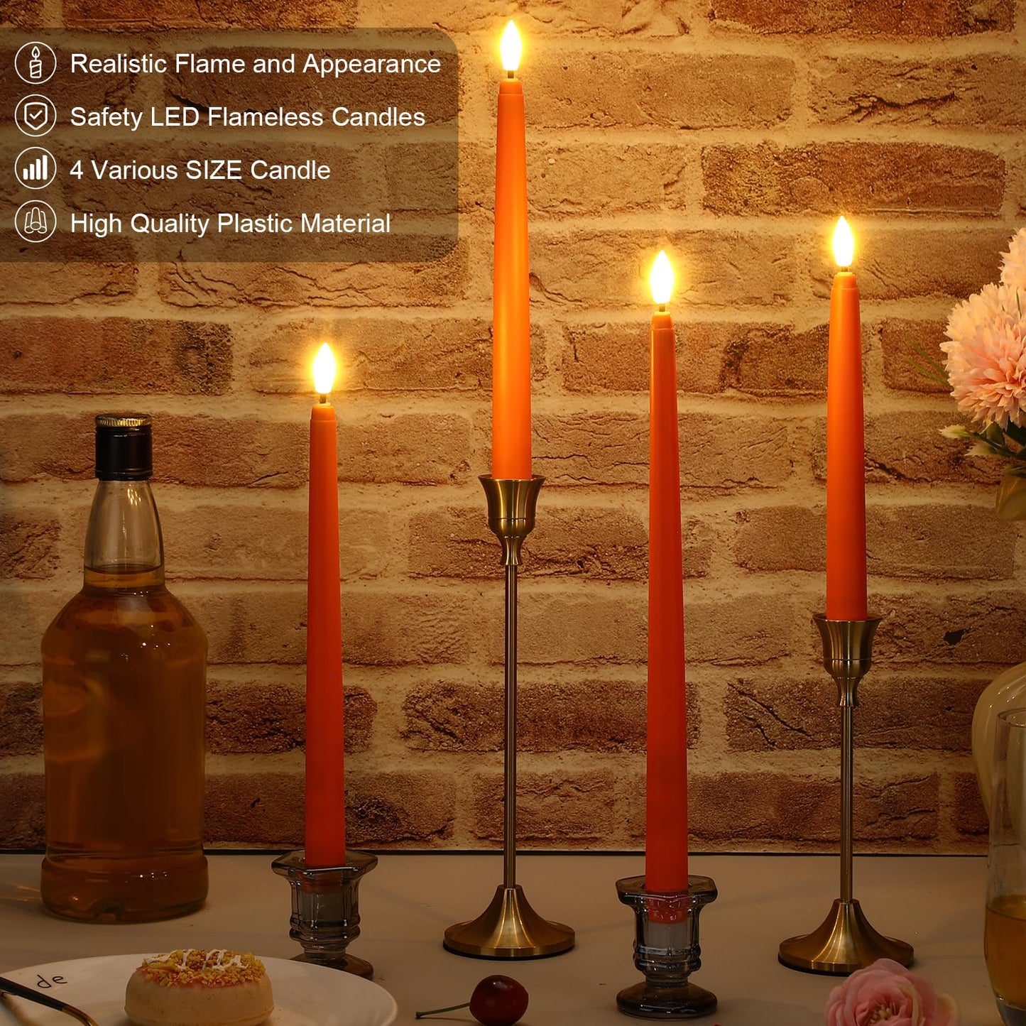 Rossesay 24 Pcs Flameless LED Taper Candles Battery Operated Candle 8.5", 9.65", 10.8", 12.8" Flameless Candlesticks Flickering for Christmas Church Wedding Indoor Decoration(Classic, Orange)