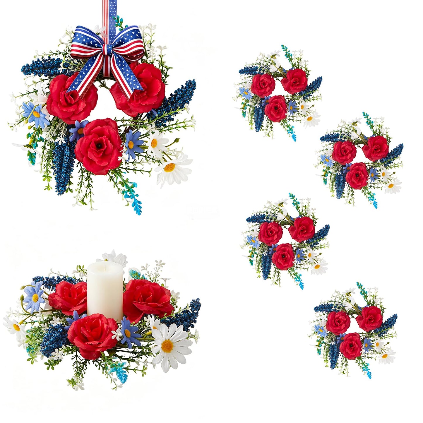 Mini 4th of July Wreath 6Pcs, 11.8 Inch Small Patriotic Wreath with Ribbon, Artificial Rose Lavender Daisy Wreath, Hanging/Tabletop/Candle Ring Decor for Home Front Door, Porch, Wall, Window, Cabinets