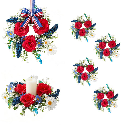 Mini 4th of July Wreath 6Pcs, 11.8 Inch Small Patriotic Wreath with Ribbon, Artificial Rose Lavender Daisy Wreath, Hanging/Tabletop/Candle Ring Decor for Home Front Door, Porch, Wall, Window, Cabinets
