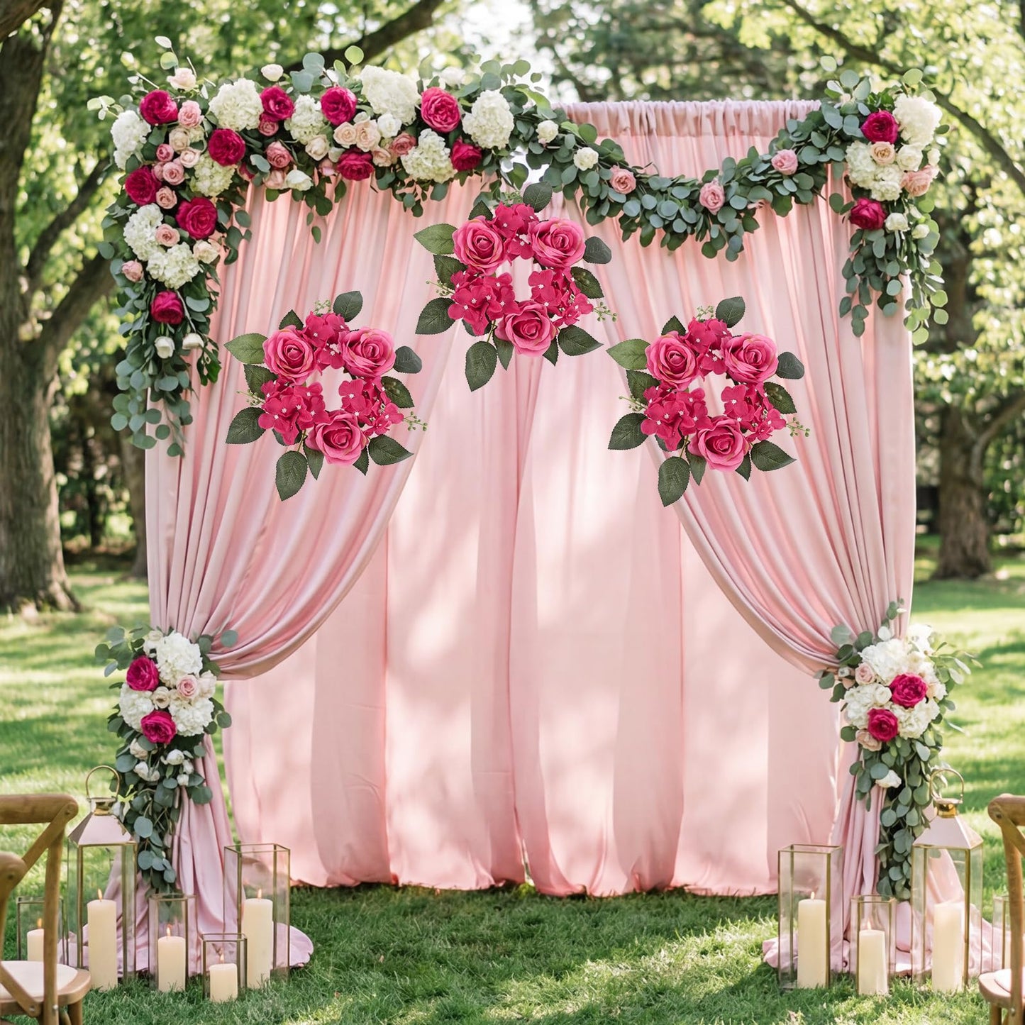 UUXX 4PCS Candle Rings for Pillars, Silk Roses Hydrangea Artificial Flowers Candle Wreaths Rings for Table Centerpieces Wedding Valentine's Day Party Decor(Hot Pink)