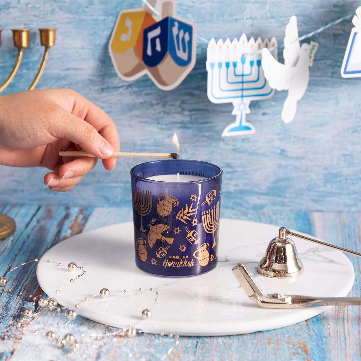 ROMIIE ZOI Hanukkah Scent Candle - 6oz Soy Wax Candle - Hanukkah - Infused with Sandalwood & Bergamot Aroma- Royal Blue Gift Box for Christmas Holiday Gifts