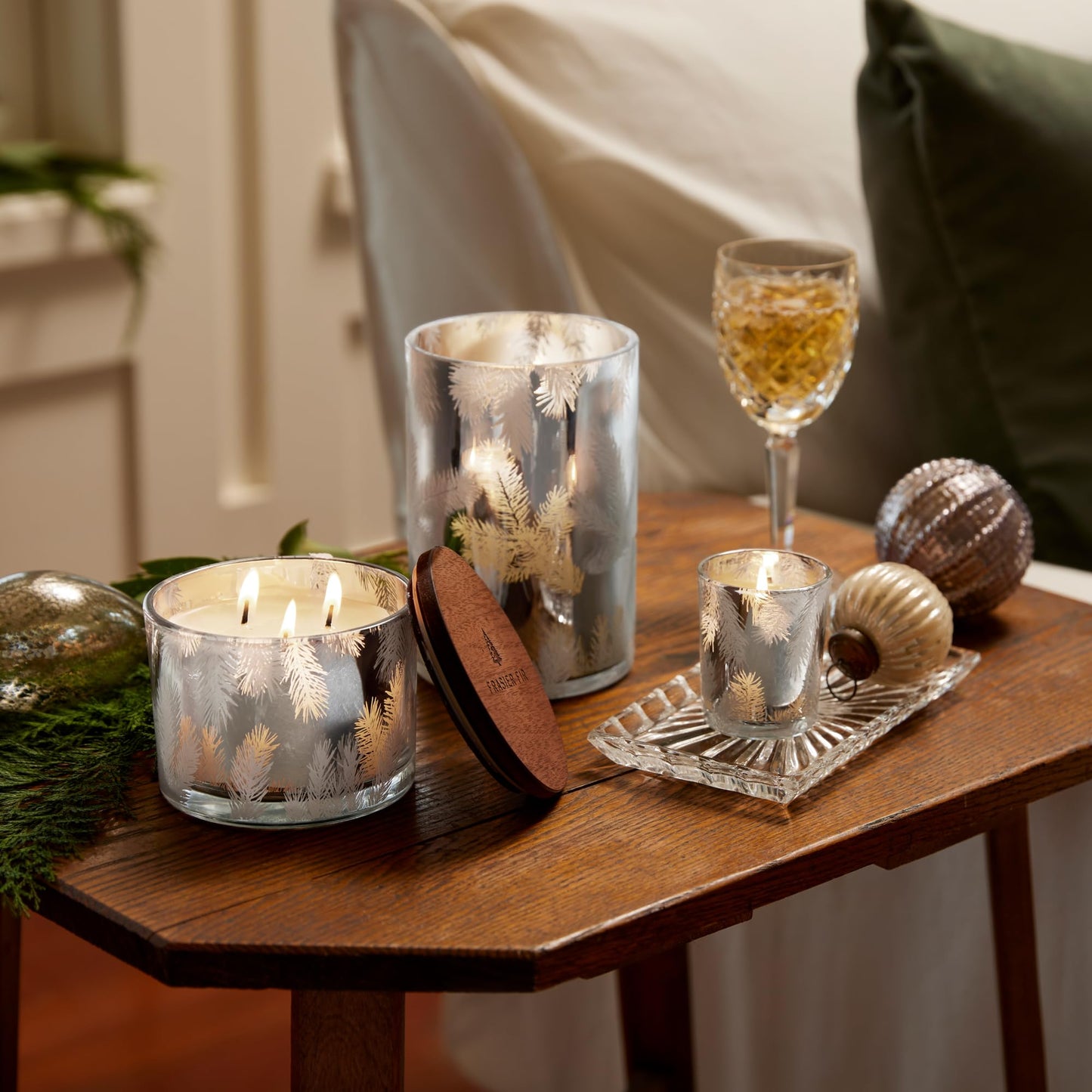 Thymes Frasier Fir Candles - Statement Collection - Silver with Pine Needle Design - Scented Candles for Home Decor - Notes of Siberian Fir Needles, Cedarwood & Sandalwood - 3 Wick (12.5 oz)
