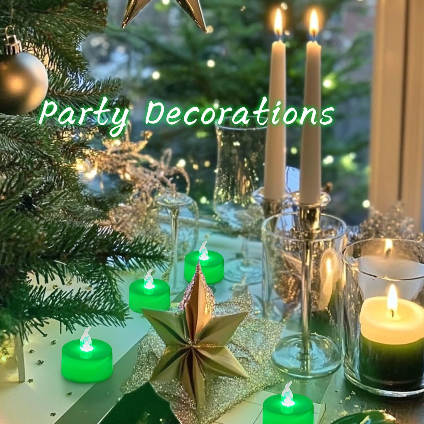 LANKER 24 Pack LED Tea Lights Candles, Flickering Green Flameless Tealights, Long Lasting Battery Operated Fake Candles, Decoration for Halloween and Christmas (Green - 24pcs)