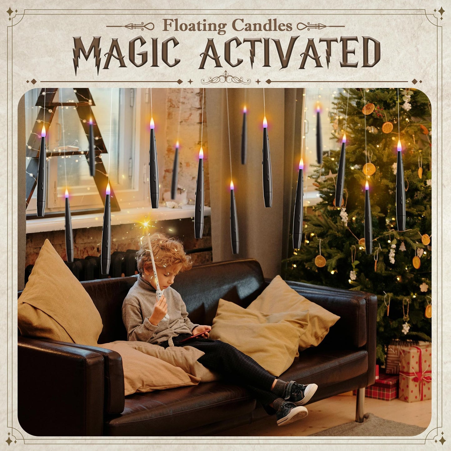 JOIONE Floating Candles with Wand, 12 Pack Hanging Candles with Magic Wand Remote, Battery Powered Floating Candles with Wand, Flameless Magic Hanging Taper Candles for Xmas Halloween Decor, Black