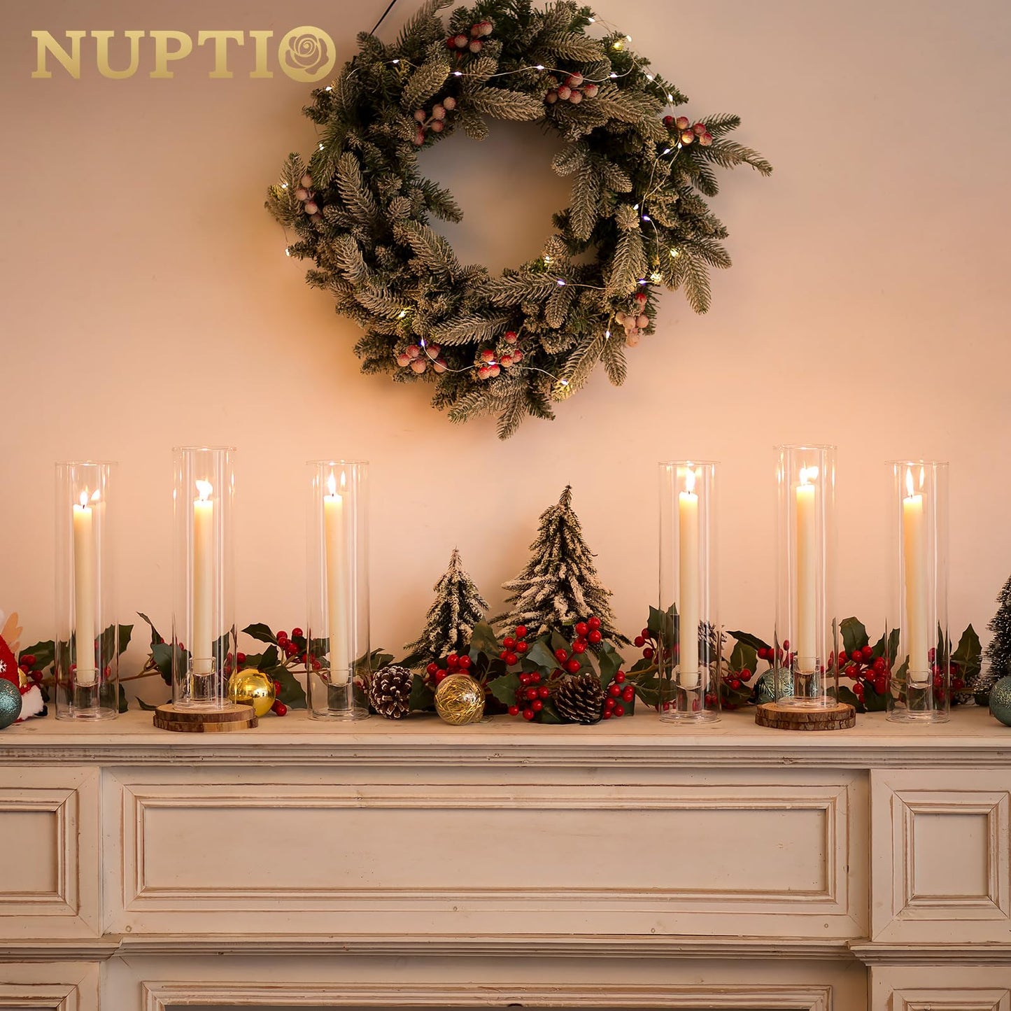 NUPTIO Taper Candle Holders Glass: Set of 10 Hurricane Candlestick Holder Bulk - Candle Stick Stand with Cylinder Sleeves for Thanksgiving Chrstmas Birthday Party Decor