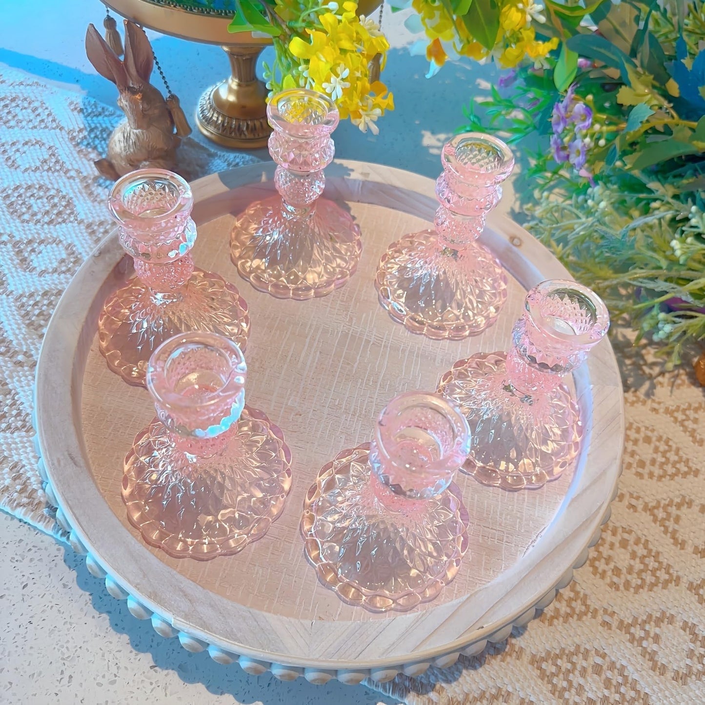 ECHFSM Glass Candlestick Holder,Striped Taper Candle Holders,Set of 6 Candle Stand for Table Centerpieces, Home Decor,Weddings,Festival and Parties (Pink Dimond)