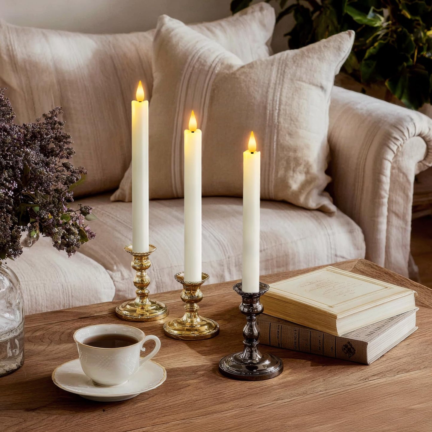Meigic 12 Pcs Flameless Taper Candles with Remote Timer, Battery Operated Window Candles, White Plastic LED Candlesticks, for Wedding Halloween Christmas Church Decor, 9.6 inches