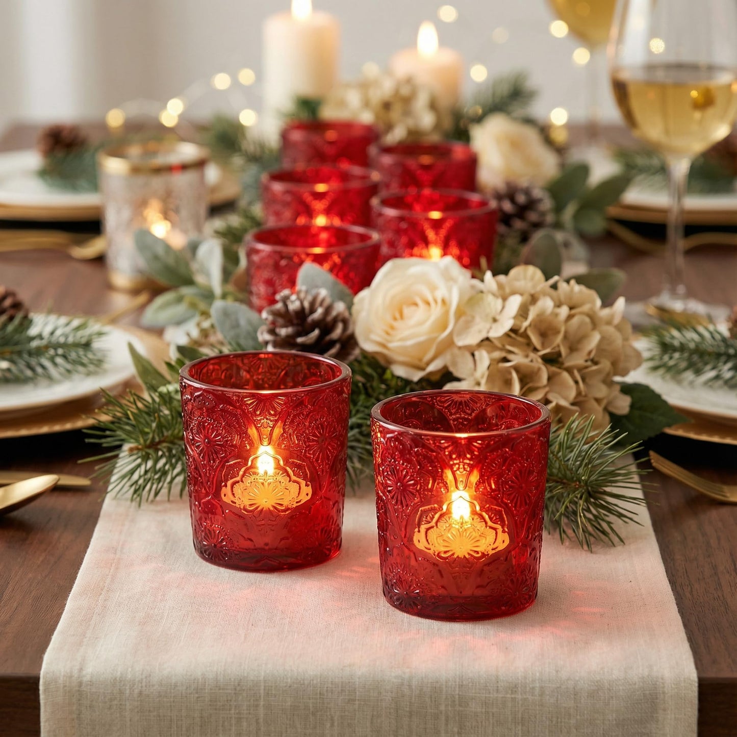 12 Pack Mandala Embossed Glass Candle Holders – Votive Tealight Holders with Patent Design, Decorative Embossed Glass Cups for Wedding Centerpieces, Parties, and Home Décor (Crimson Glow)