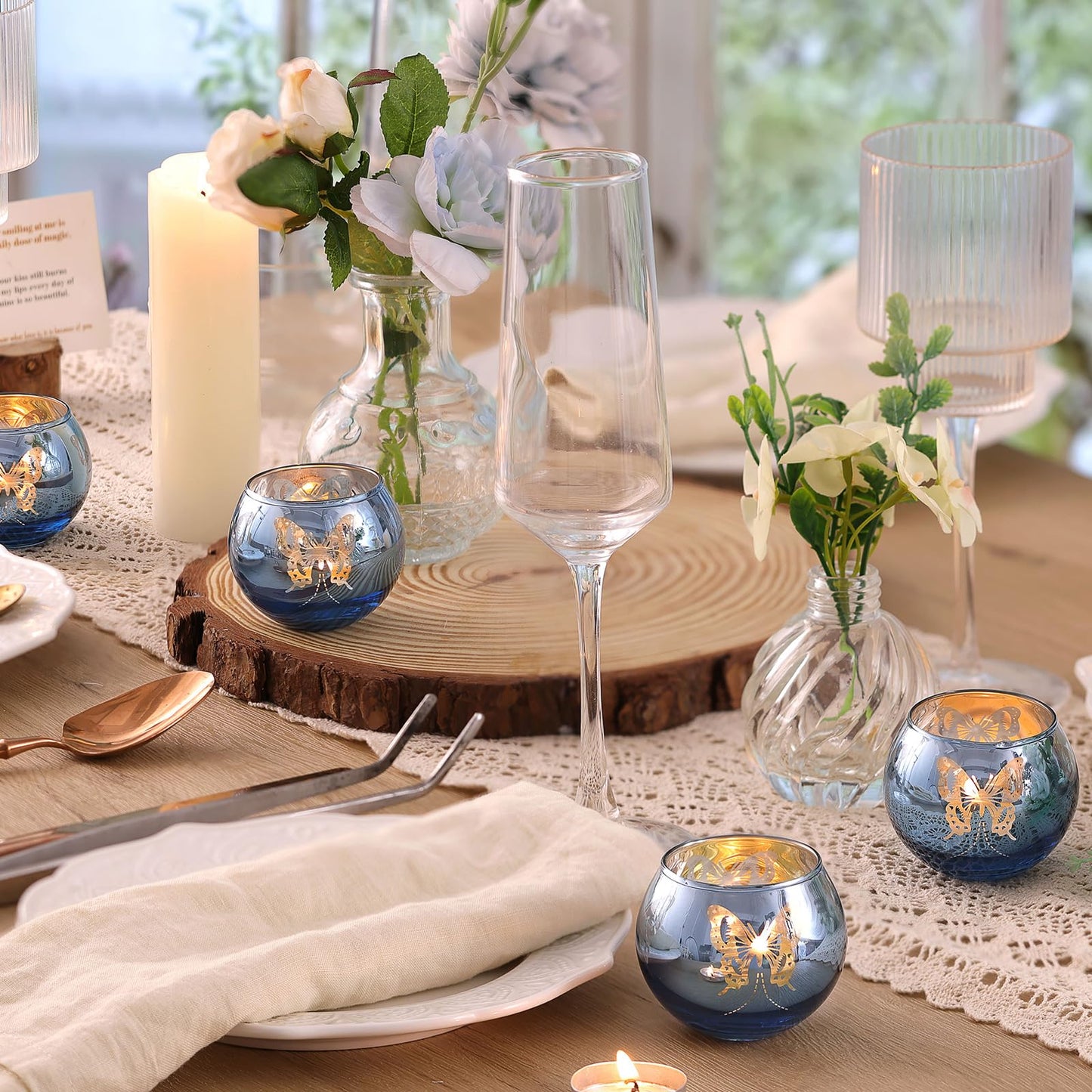 Blue Votive Candle Holders Set, 12 PCS Tea Lights Candle Holder Decorative Bulk with Butterfly Pattern, Candle Holders for Wedding, Blue Bridal Shower, Parties, and Holiday Decorations