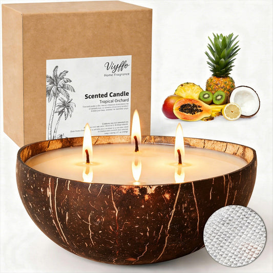 Viyffo Large 18oz Scented Candle - Tropical Orchard, 3 Wick Soy Candle in Natural Coconut Shell Jar, Summer Home Fragrance Candle for Bedroom, Bathroom, Living Room, Rustic Tropical Decor Gift