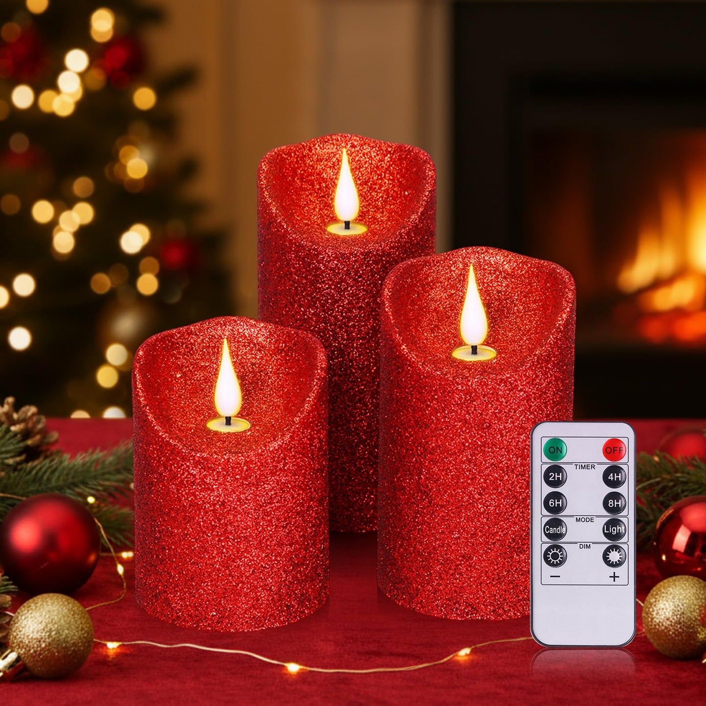 Retisee Set of 3 Valentines Glitter Flameless Candles, 4" 5" 6" Burgundy Red Operated Battery Pillar Candles Flickering Real Wax LED Candle with Remote and Timer for Valentines Home Table Centerpiece
