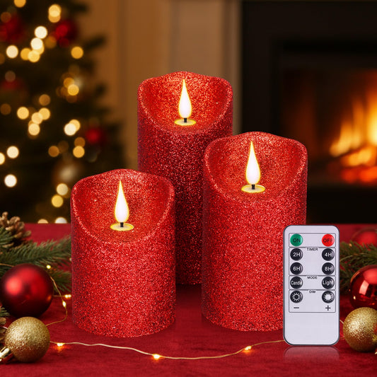 Retisee Set of 3 Valentines Glitter Flameless Candles, 4" 5" 6" Burgundy Red Operated Battery Pillar Candles Flickering Real Wax LED Candle with Remote and Timer for Valentines Home Table Centerpiece