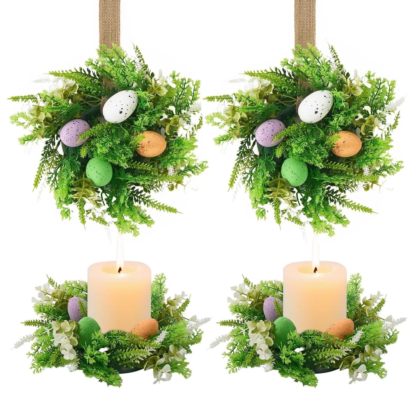Easter Wreath 4Pcs, 11.8 Inch Easter Wreath with Ribbon, Artificial Egg Lily Green Plants Wreath, Hanging/Tabletop/Candle Ring Decor for Home Front Door, Porch, Wall, Window, Cabinets