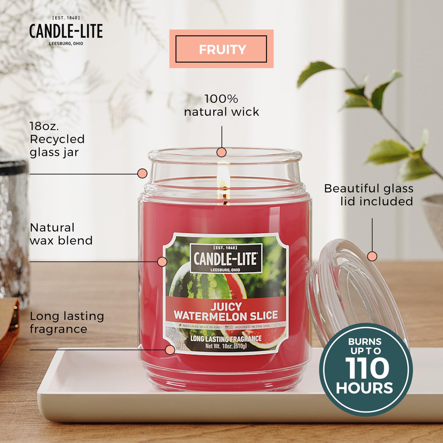 Candle-lite Scented Candles, Juicy Watermelon Slice, 18 oz Jar, Proudly Poured in The USA, Aromatherapy Candle, Single-Wick with 110 Hours of Burn Time, Perfect for Creating a Refreshing Ambiance