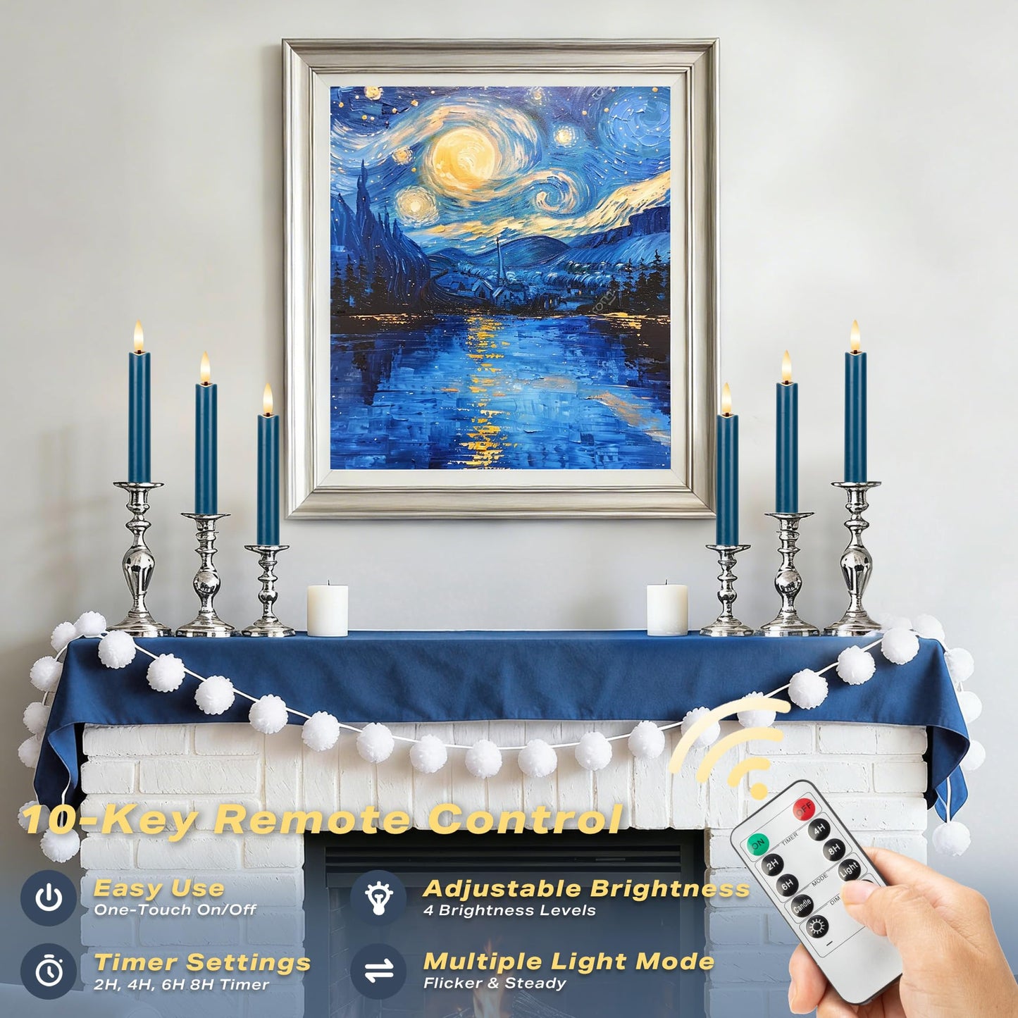 AFINETH Blue Flameless Taper Candles with Remote, Short Battery Operated LED Candles, 6.4inch Flickering Flameless Candlesticks for Table Centerpiece, Wedding, Mantel, Window Decor, Set of 6