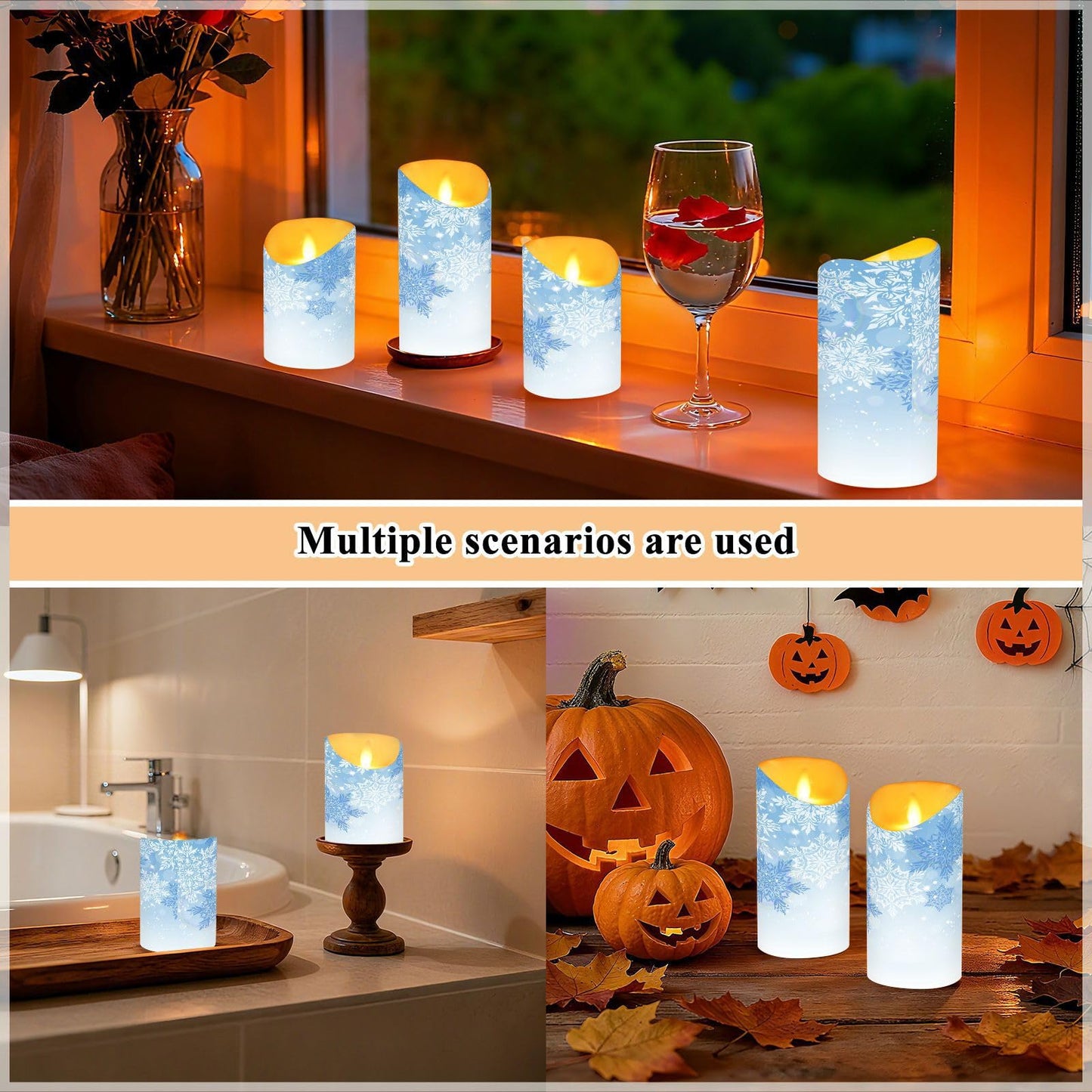 Christmas Flameless Candles Set of 2 Blue Snowflakes Realistic LED Candles with Remote Battery Operated Holiday Decorations