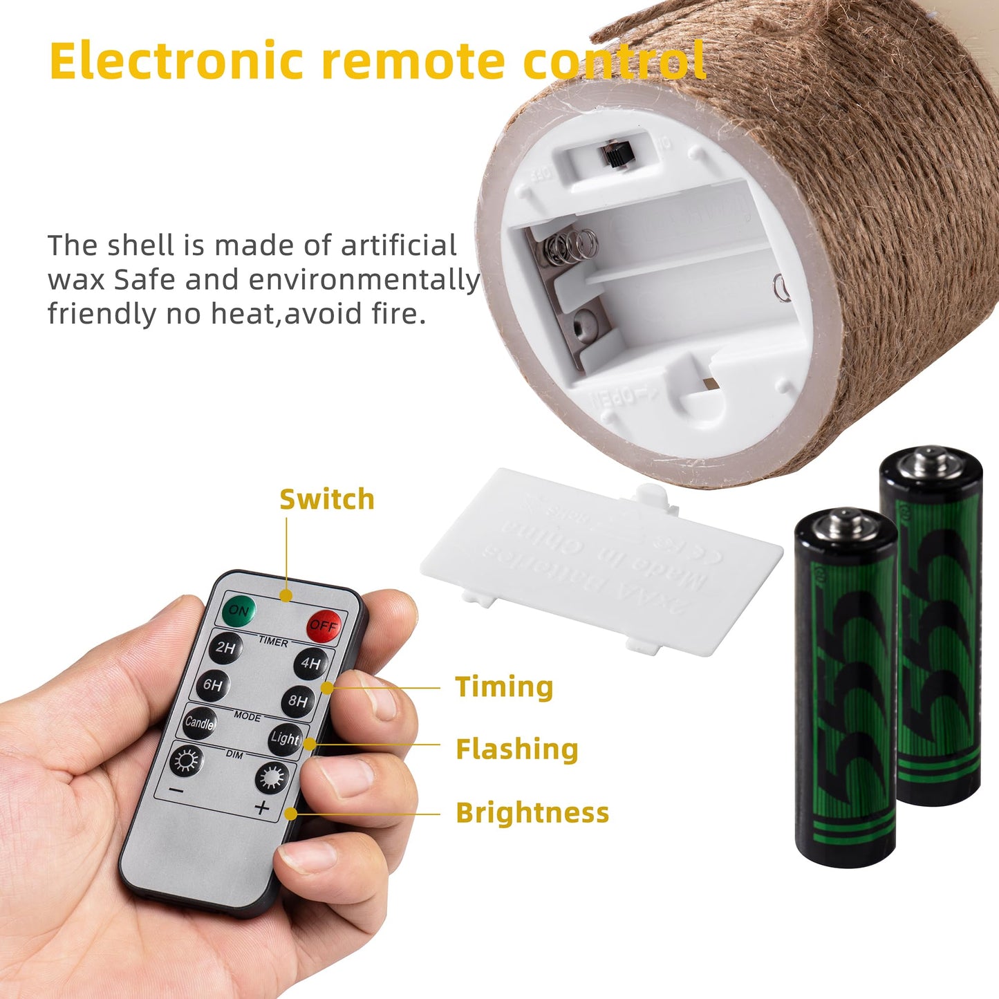 AKU TONPA Flameless Candles Battery Operated Pillar Real Wax Electric LED Candle Gift Set with Remote Control and Timer, 4" 5" 6" Pack of 3, Ivory Wax with Hemp Rope