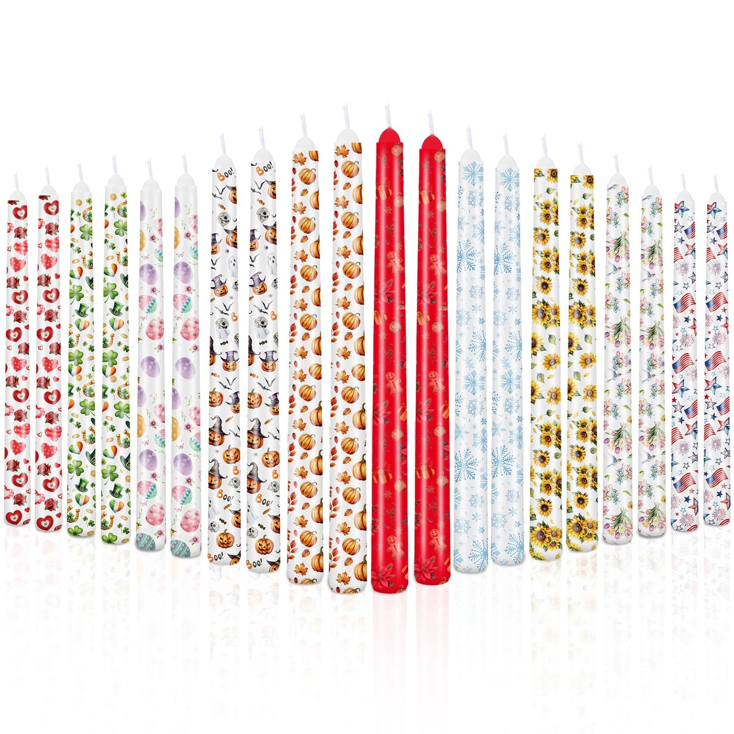 Nuanchu 20 Pack Seasonal Holiday Taper Candles Summer Memorial Day Taper Candle 10 Inch Unscented Tall Sunflower 4th of July Patriotic Candlestick Long Burning Smokeless Gift Dinner Table Decor