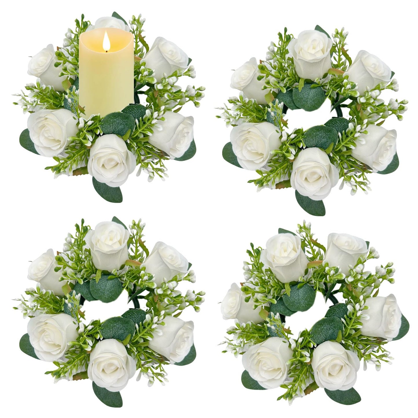 tyoungg 4 PCs Artificial Rose Eucalyptus Candle Rings Wreath Weddding Bridal Shower Table Home Decor (4, White)