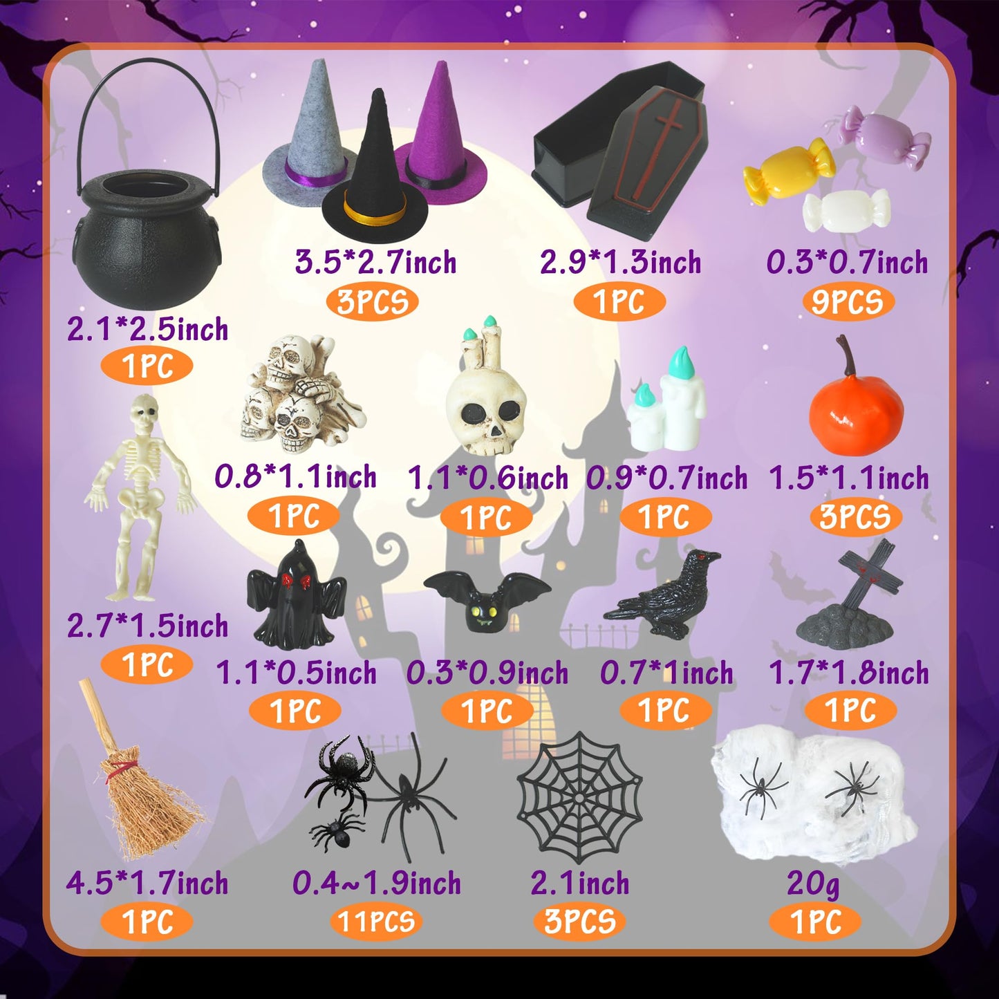 ZXSWEET Halloween Village Ornaments Accessories Desktop Decorations Witch Hat Coffin Skeleton Spider Pumpkin for Halloween Party Tabletop Decoration Supplies