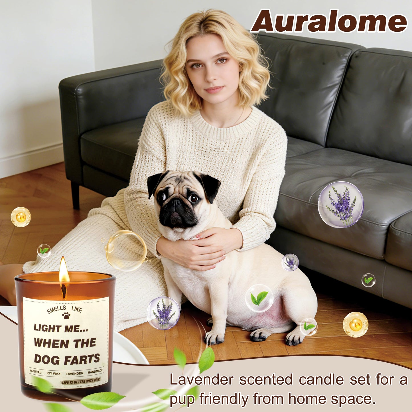 Auralome Candle Gifts for Women - Dog Mom Candles Lavender Light Me When The Dog Farts Pet Friendly Safe Scented Candle Themed Gifts Soy Wax Present Idea Funny for Pet Lovers Home Decor