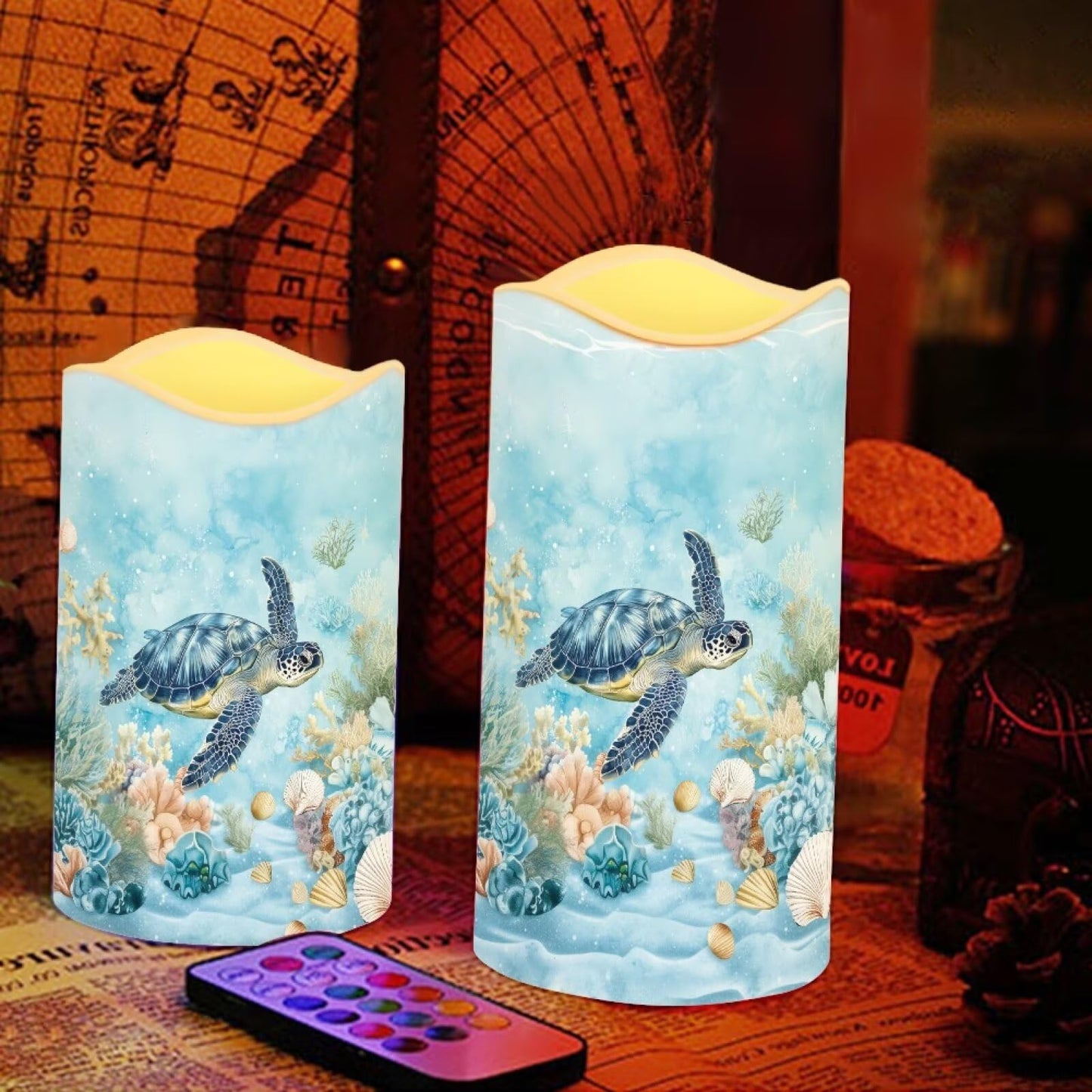 Cozeyat Turtle Ocean LED Candles 4 Pack Color Changing Battery Operated Flameless with Remote Control Timer Waterproof for Home Wedding Garden Beach