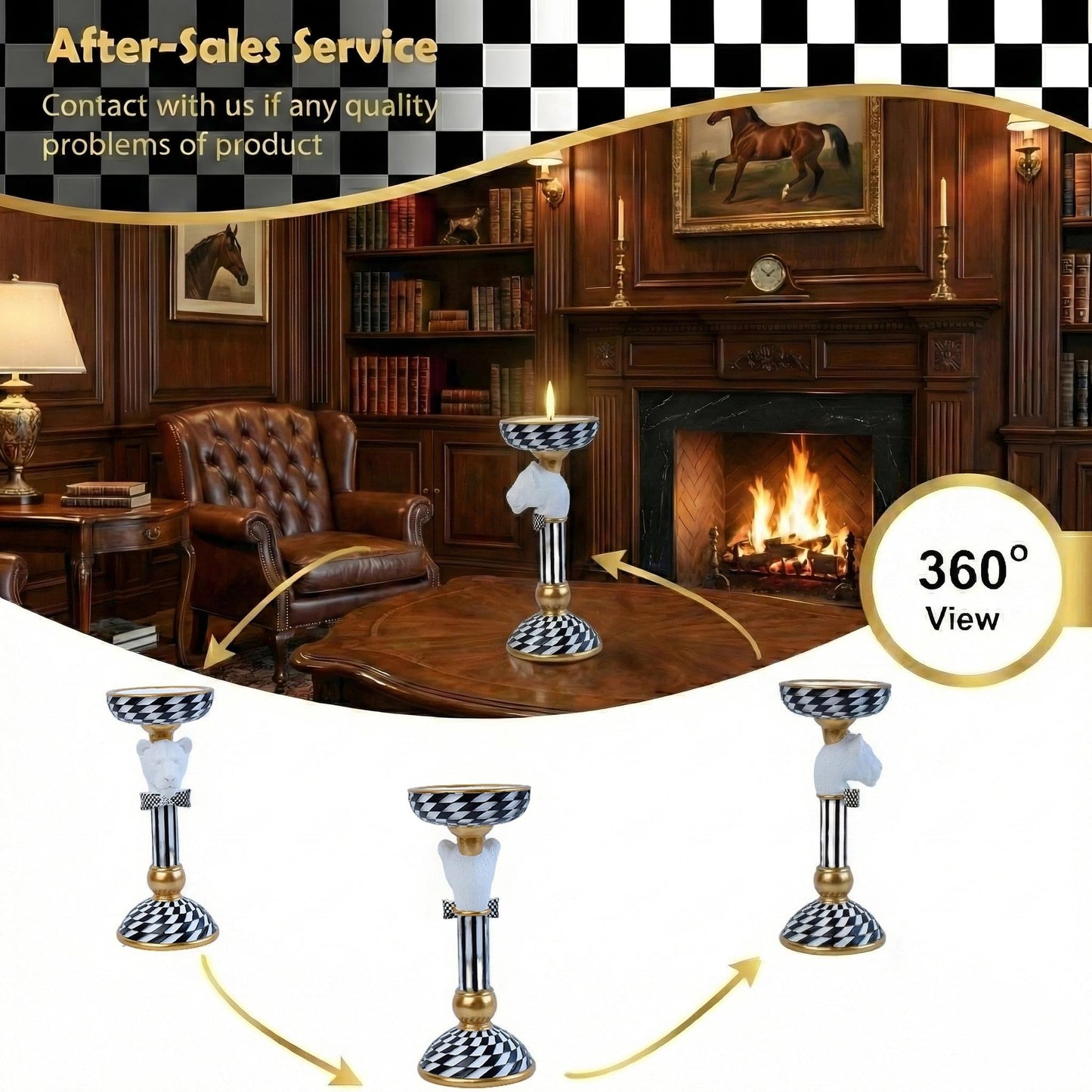 Crowned Animal Candlestick Holder Black & White Checkerboard Taper Candle Holder with Gold Accents Eclectic Resin Statue for Modern Home Decor, Table Centerpiece