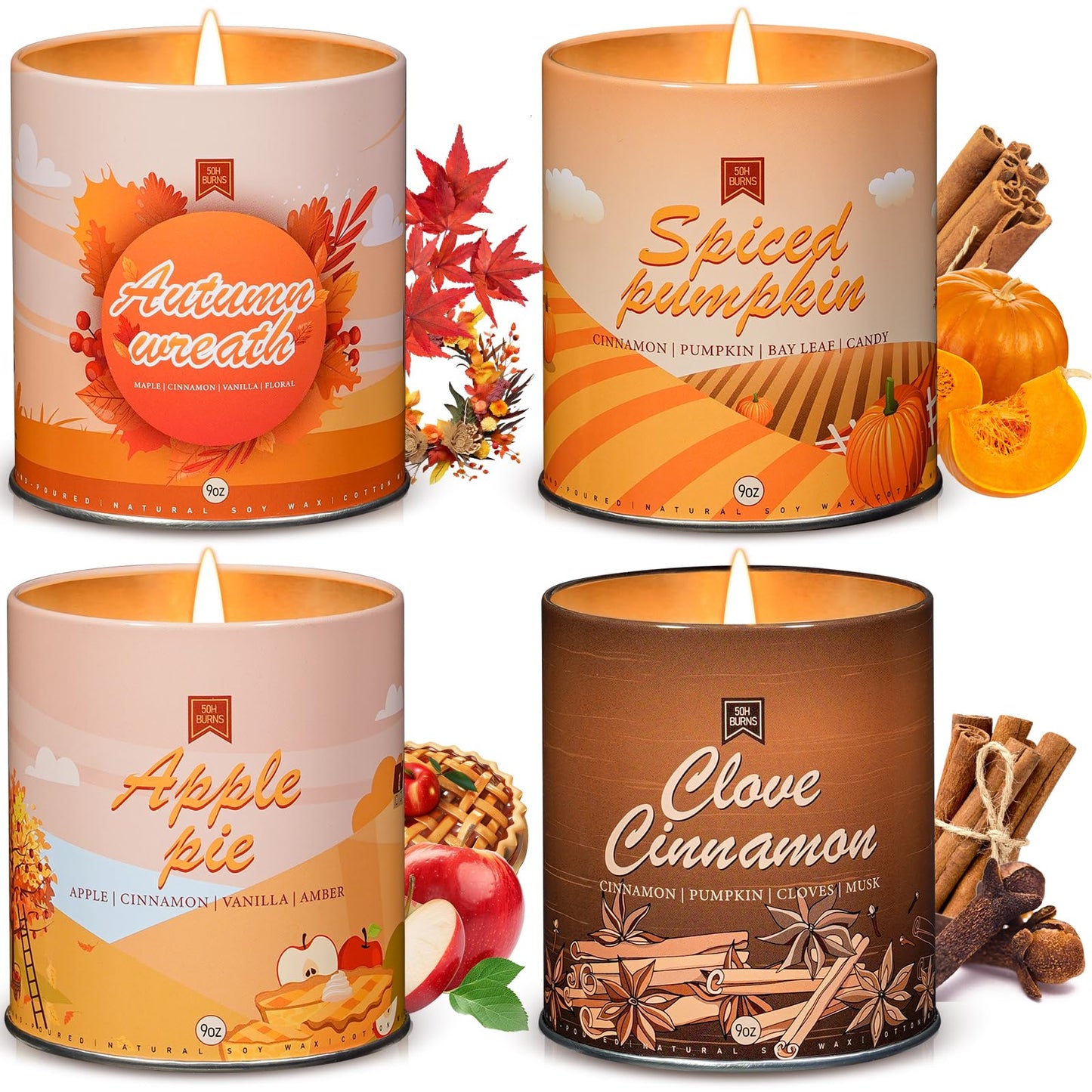 Scented Candle Set, 4Pack Aromatherapy Soy Wax Candles Valentine's Day Gift for Her Him, Holiday Candles for Women Men (Apple/Wreath/Cinnamon/Pumpkin