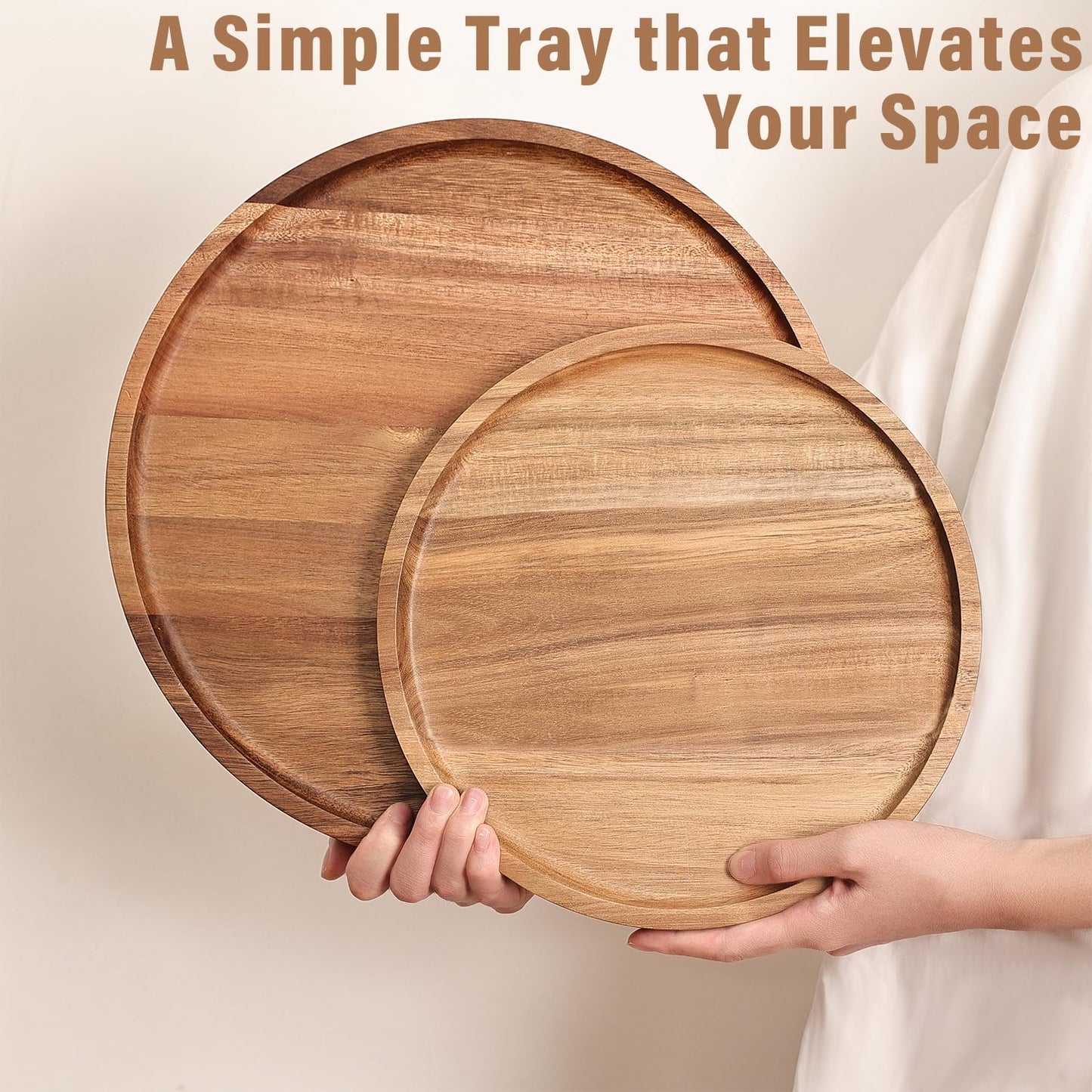 Round Wooden Serving Tray, 13.8 Inch Acacia Decorative Tray for Home Decor, Coffee Table, Farmhouse Style Wood Tray for Small Candle, Vases, Jewelry Organizer, Home Kitchen Dining Tabletop Decor