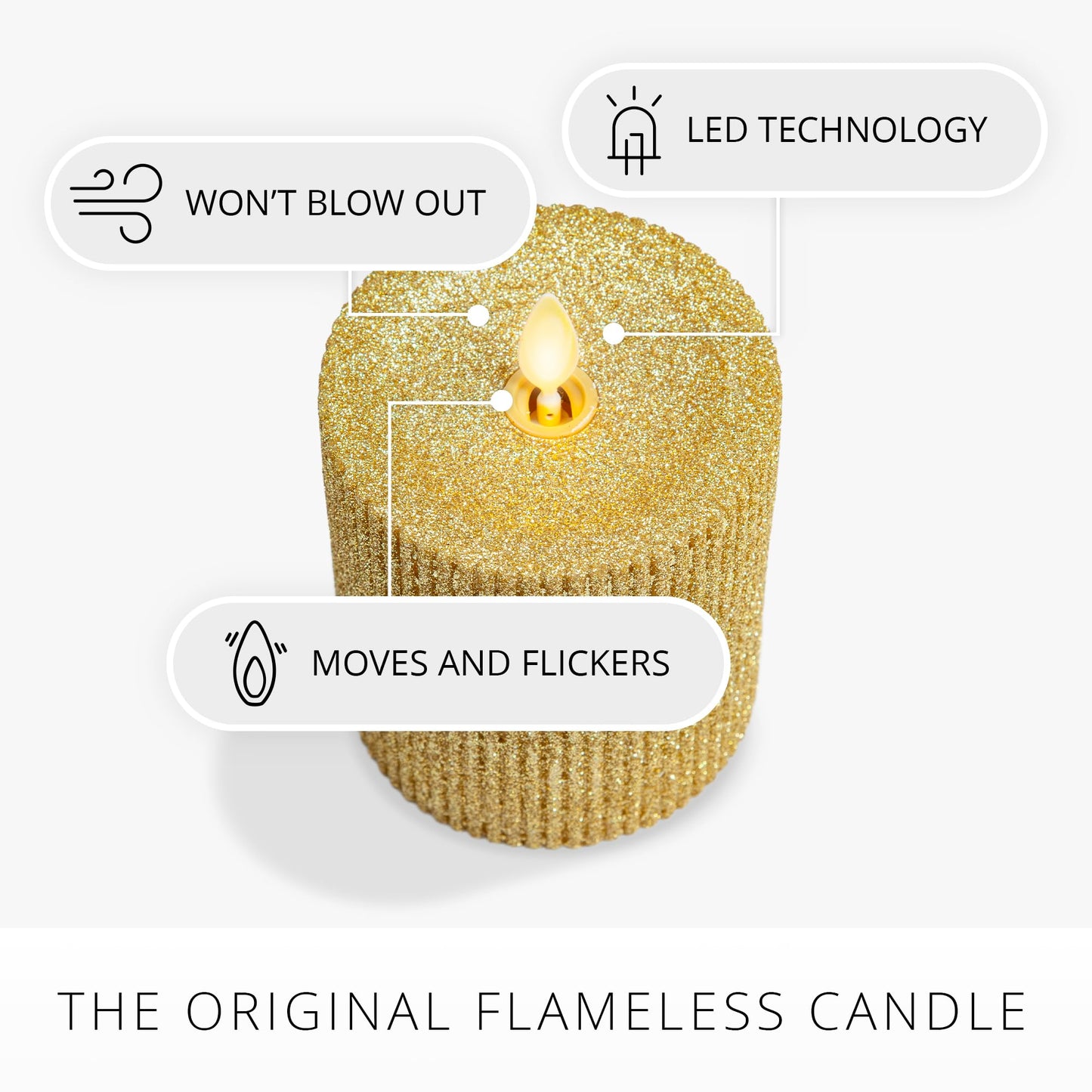 Luminara Rich Gold Glitter Ribbed Flameless LED Candle Moving Flame Pillar, Real Wax, Flat Top, Timer (3.25" x 4.5")