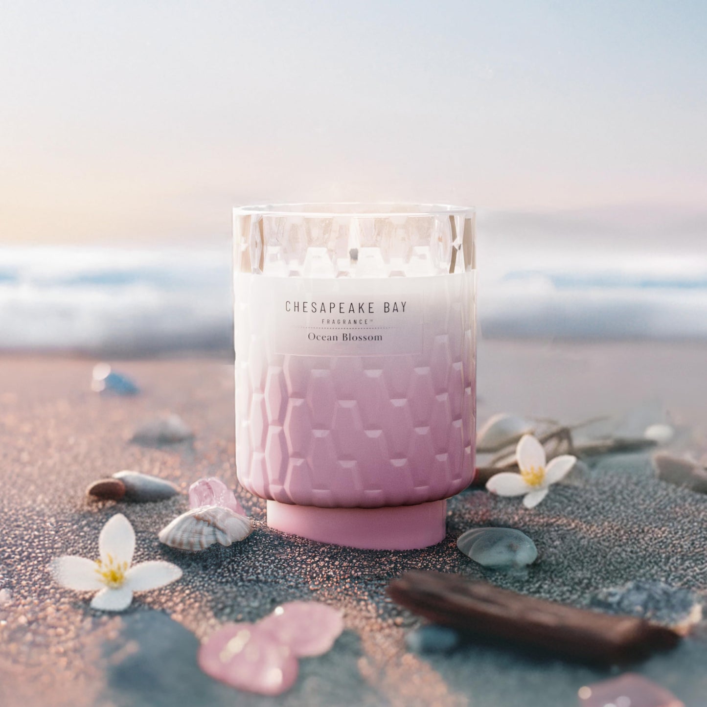 Chesapeake Bay, 8oz Ocean Blossom Scented Candle, Mood Evoking Fragrance, Textured Sea Glass-Inspired Jar, Premium Soy Blend Wax with Essential Oils, Coastal Fragrance for Home Décor or Gifting