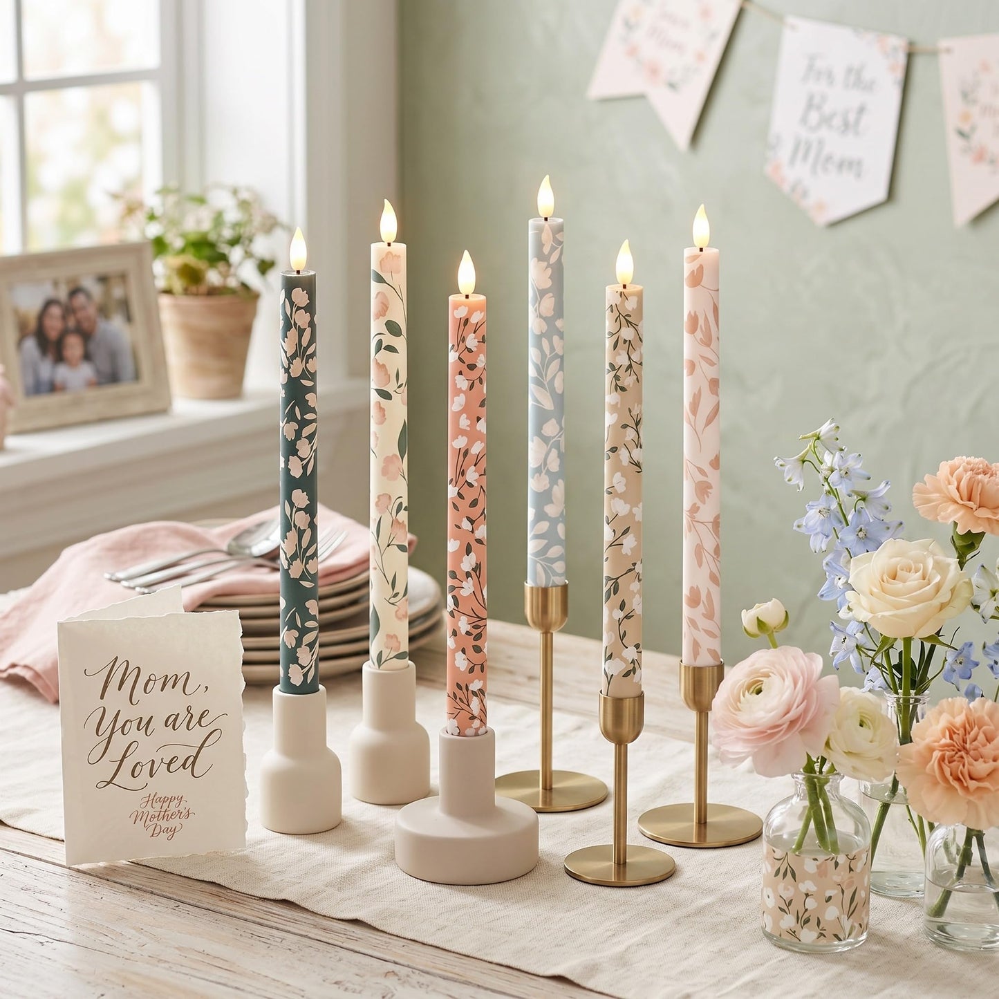 Honoson 6 Pcs Mother's Day Flameless Taper Candles 10.6 Inch Pastel Spring Flower Candles Battery Operated LED Candlesticks for Mother's Day Dinner Table Home Party Decor