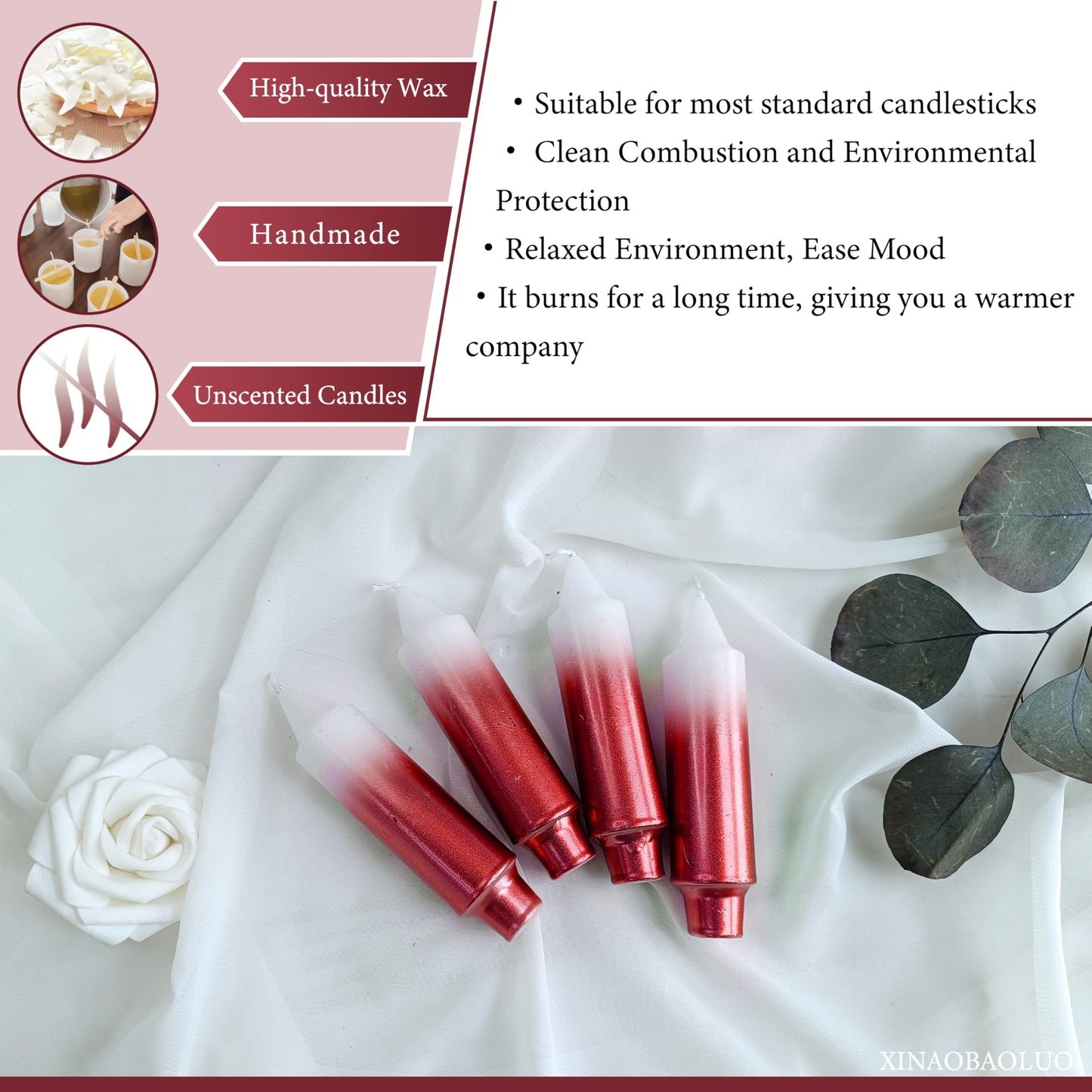 Christmas Metallic Red Candle 5 Inch Short Smokeless Taper Candles 4 Pack Unscented Dinner Candle for Christmas Dinner
