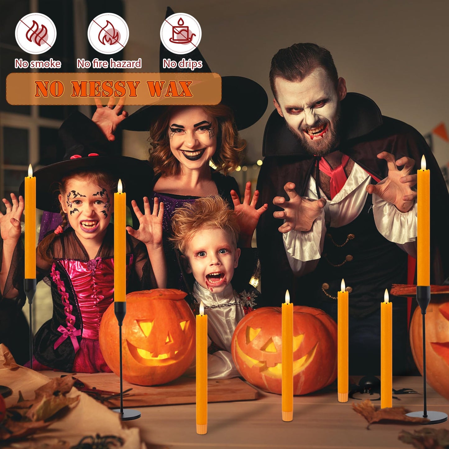 AFINETH Orange Flameless Taper Candles, 9.6" Fall Candles with Remote, Real Wax Battery Operated Candlesticks Flickering, Flameless Led Candle for Fall, Thanksgiving, Harvest, Halloween Decor, 6 Pack