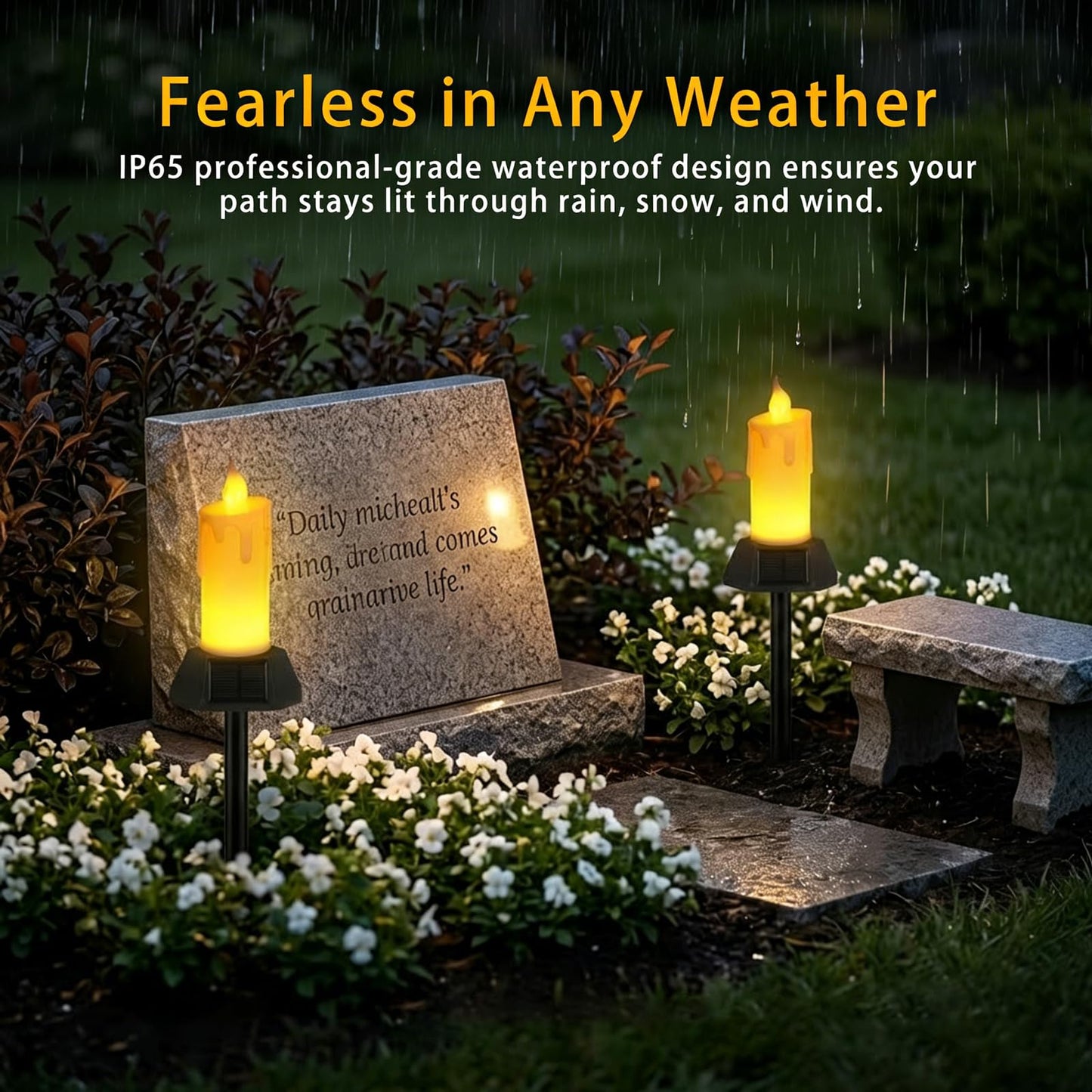 Weddinay Solar Flameless Candles Outdoor Waterproof, Patented Dual-LED Flickering Flame 7" Dripping Wax Pillar with Detachable Stake, 3-Sided Solar Base for Patio, Cemetery (2 Pack)