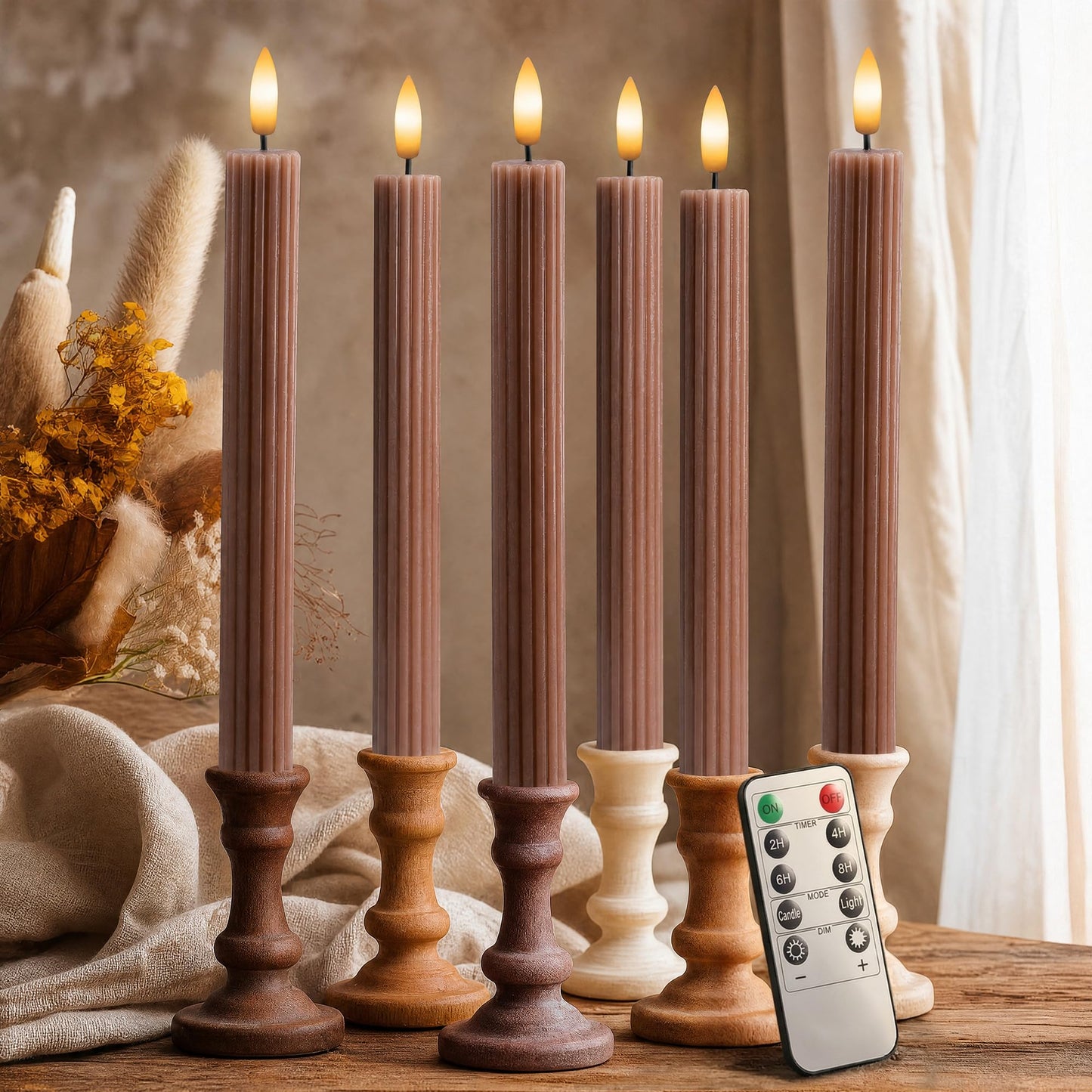 West Ivory 6 Pack, 10" LED Flameless Brown Tan Fluted Ribbed Grooved Taper Candles, Remote & 24h Timer Memory, On/Off Button, Dimmable, Flicker Mode, Battery Operated, Christmas Menorah Wedding