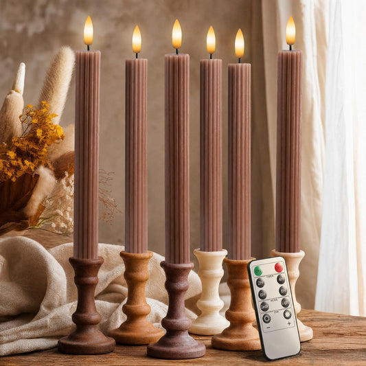 West Ivory 6 Pack, 10" LED Flameless Brown Tan Fluted Ribbed Grooved Taper Candles, Remote & 24h Timer Memory, On/Off Button, Dimmable, Flicker Mode, Battery Operated, Christmas Menorah Wedding