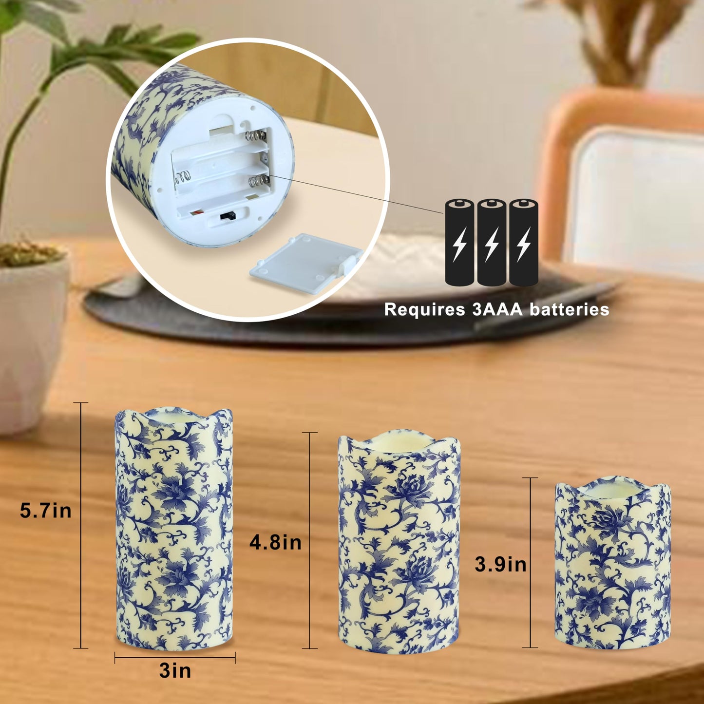 NjaoHoo Flameless Candles 4" 5" 6" Set of 3 Indoor Outdoor Pillars Battery Operated Flickering Candles Include 10-Key Remote Timer Function 500+ Hours (Blue and White Printed)
