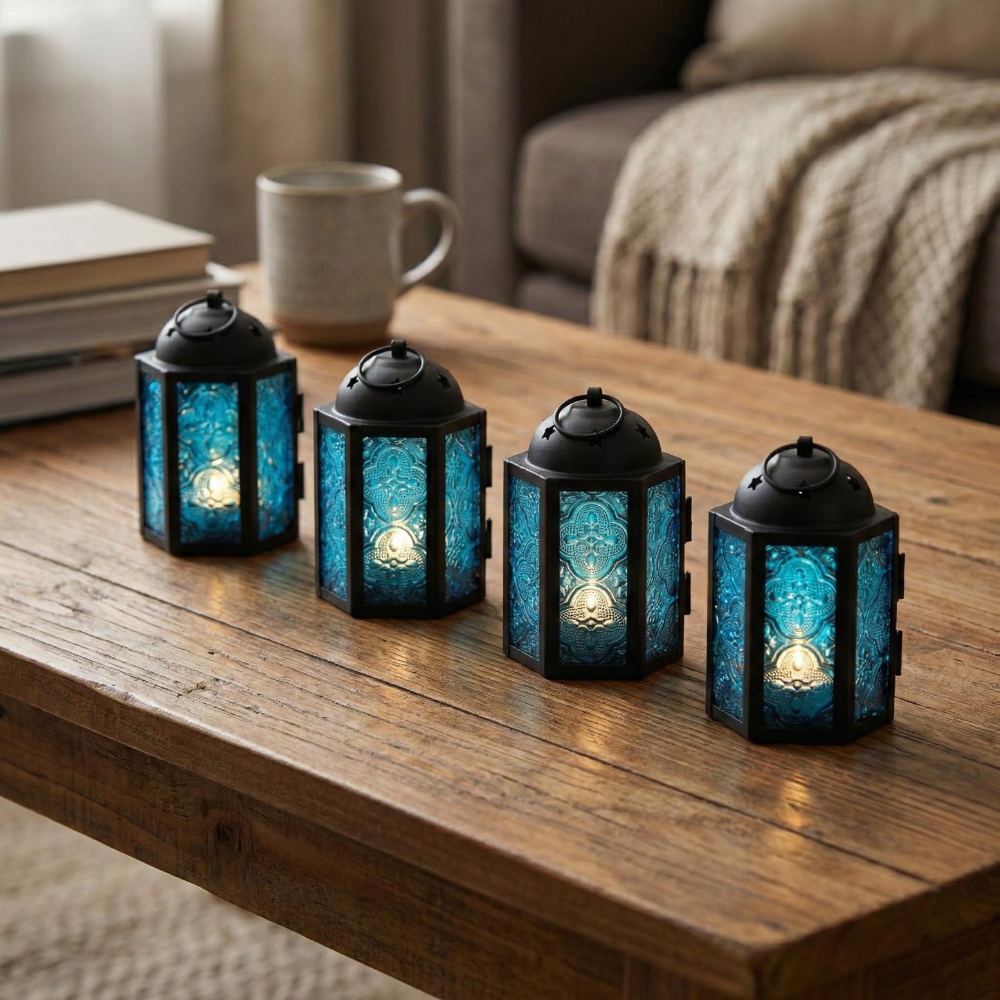 Vela Lanterns Tea Light Candle Holders, Votive Holders, Mini Moroccan Lamps, Decorative Metal Hanging Candle Lantern, Table Centerpieces, Small Indoor Shelf Decor, Turkish Ramadan Decor, 16pc, Blue
