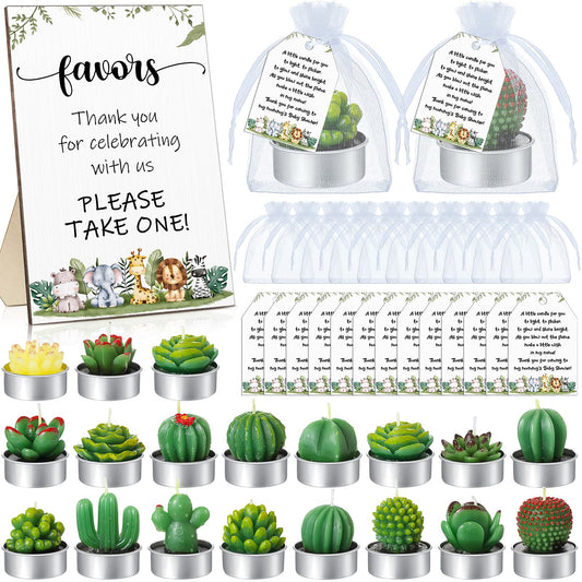 MTLEE 36 Sets Succulent Candles Baby Shower Favors for Guests Include 36 Plant Tealight Candles 36 Thank You Tags 36 Organza Bags Wooden Standing Sign for Gender Reveal Gifts(Safari)