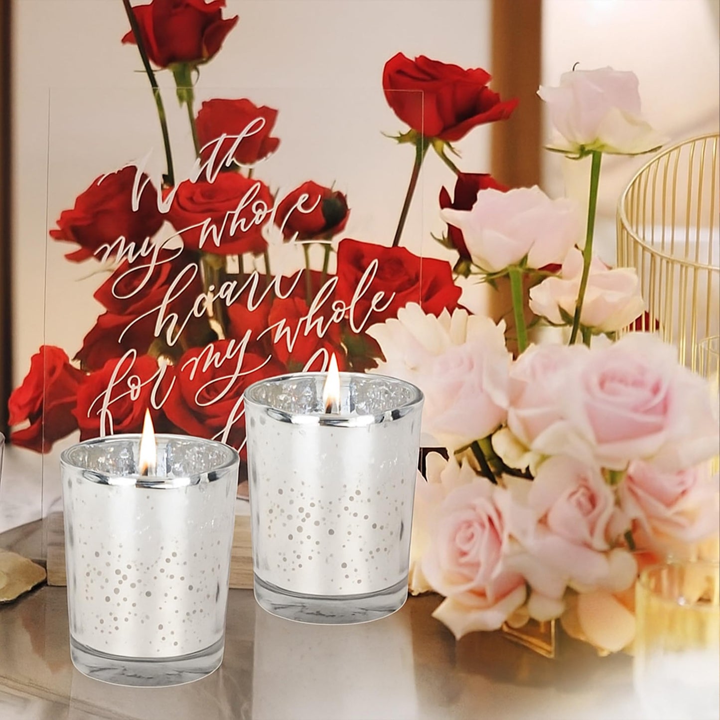 Soft Breeze 24 PCS Speckled Mercury Silver Glass Votive Candle, Unscented Silver Glass Candle, Christmas or Wedding for Table Home Birthday Anniversary Candles
