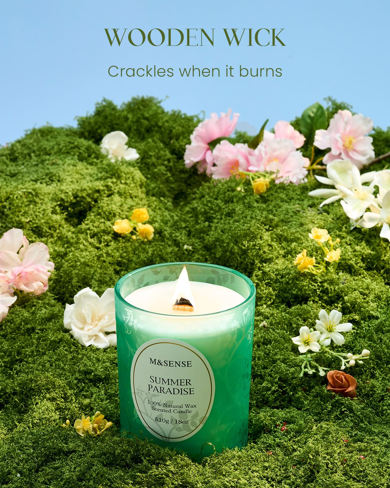 M&SENSE Summer Paradise Scented Candle, Cracking Wooden Wick Soy Wax, 18oz 100 Hours Long Lasting Clean Burn, Large Jar Candles for Home Decor, Non-Toxic Relaxing Aromatherapy Gifts for Women