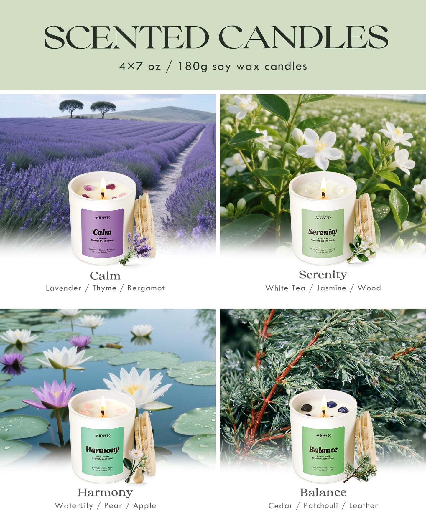 AOOVOO Calm Candles Set for Women - 4 Pack Candles for Home Scented, 28 oz 200 Hour Burn, Aromatherapy Candle with Crystals, Lavender Calm/Jasmine Serenity/Water Lily Pear Harmony/Patchouli Balance