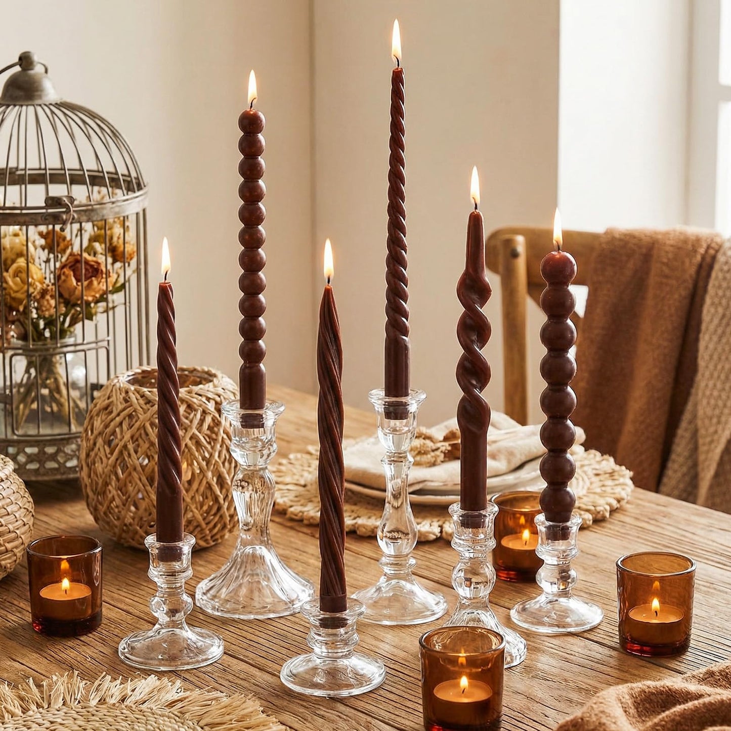 Conelist 10 Inch Brown Twisted Taper Candles Set of 6, Tall Smokeless Twisted Candlesticks for Wedding Holiday Birthday Home Party Decorations