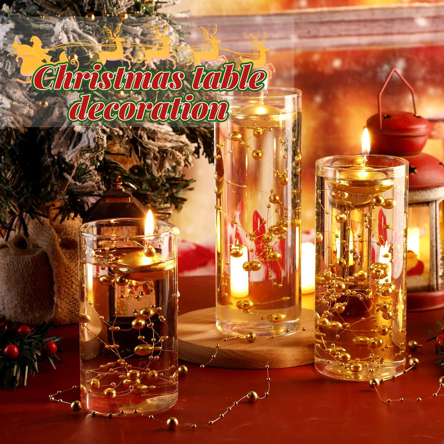 Fumete 40 Pcs Gold Floating Candle & Pearl String Set: 20 Unscented Wax Tealights (1.5") & 20 Faux Pearl Chains (4.4ft), Elegant Vase Filler for Wedding Centerpiece, Bridal Shower & Gala Dinners Decor
