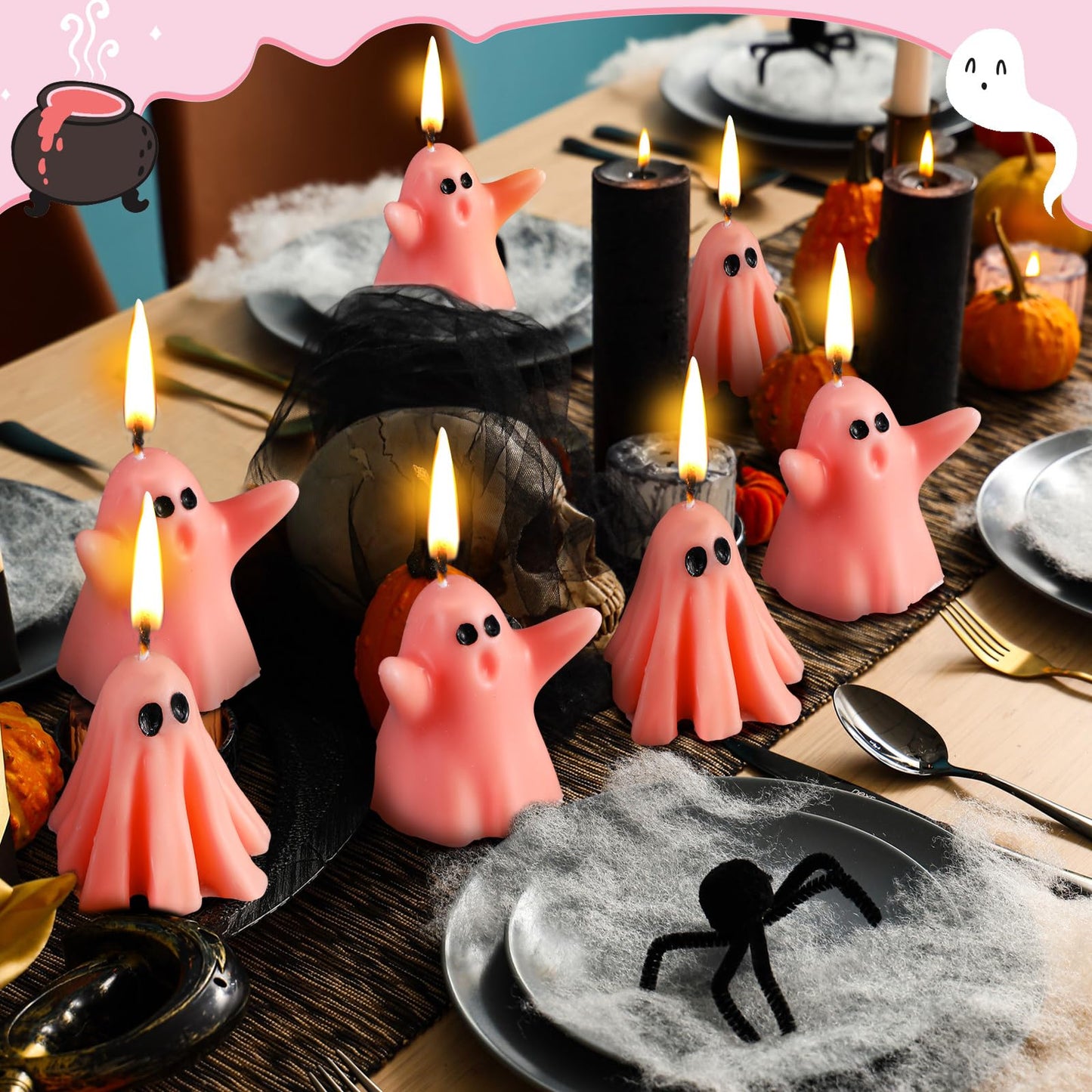 Conelist 6 Pieces Halloween Large Ghost Candles White Spooky Scented Halloween Candles Horror Gifts Candle Tea Lights Goth Room Decor for Summer Dining Table Party Bedroom(Pink Style,Pink)