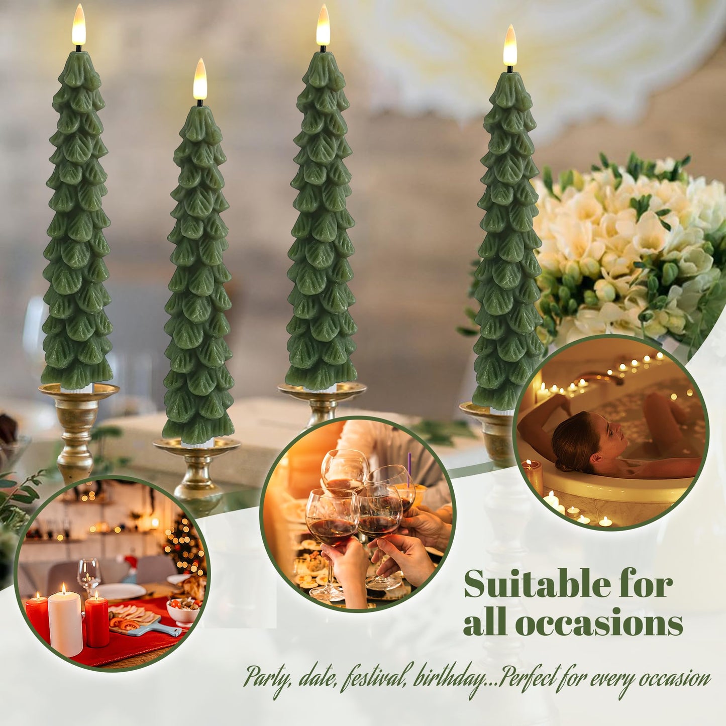 FCMSHAMD Green Christmas Trees Flickering Flameless Candles with Remote and Timer, Real Wax 3D Flame Wick LED Candles, 9.8 Inch Battery Operated Candles for Christmas Home Decoration，4PCS