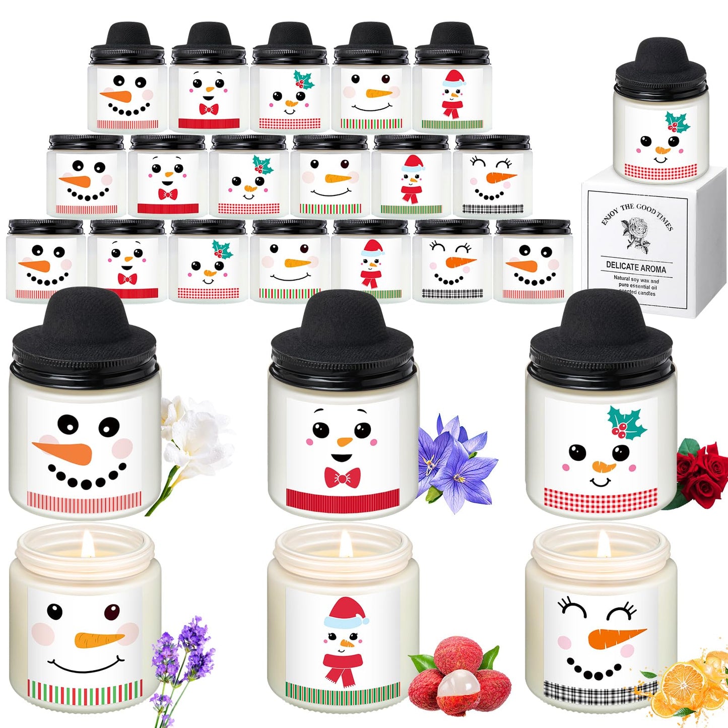 Lounsweer 48 Pcs Christmas Candles Bulk Gifts Set for Women Men 3.5oz Snowman Scented Candles Jar Soy Wax Candle with Mini Snowman Decor Cap for Christmas New Year Winter Decor